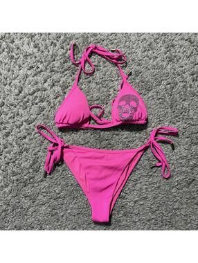 Vintage Y2K Phillip Plein Two Piece String Bikini Pink Skull Rhinestone Butt XS